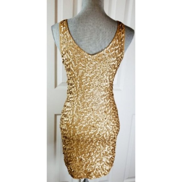 SOLD Bodycon Gold sequin Stretch Mini Dress S - Picture 5 of 5